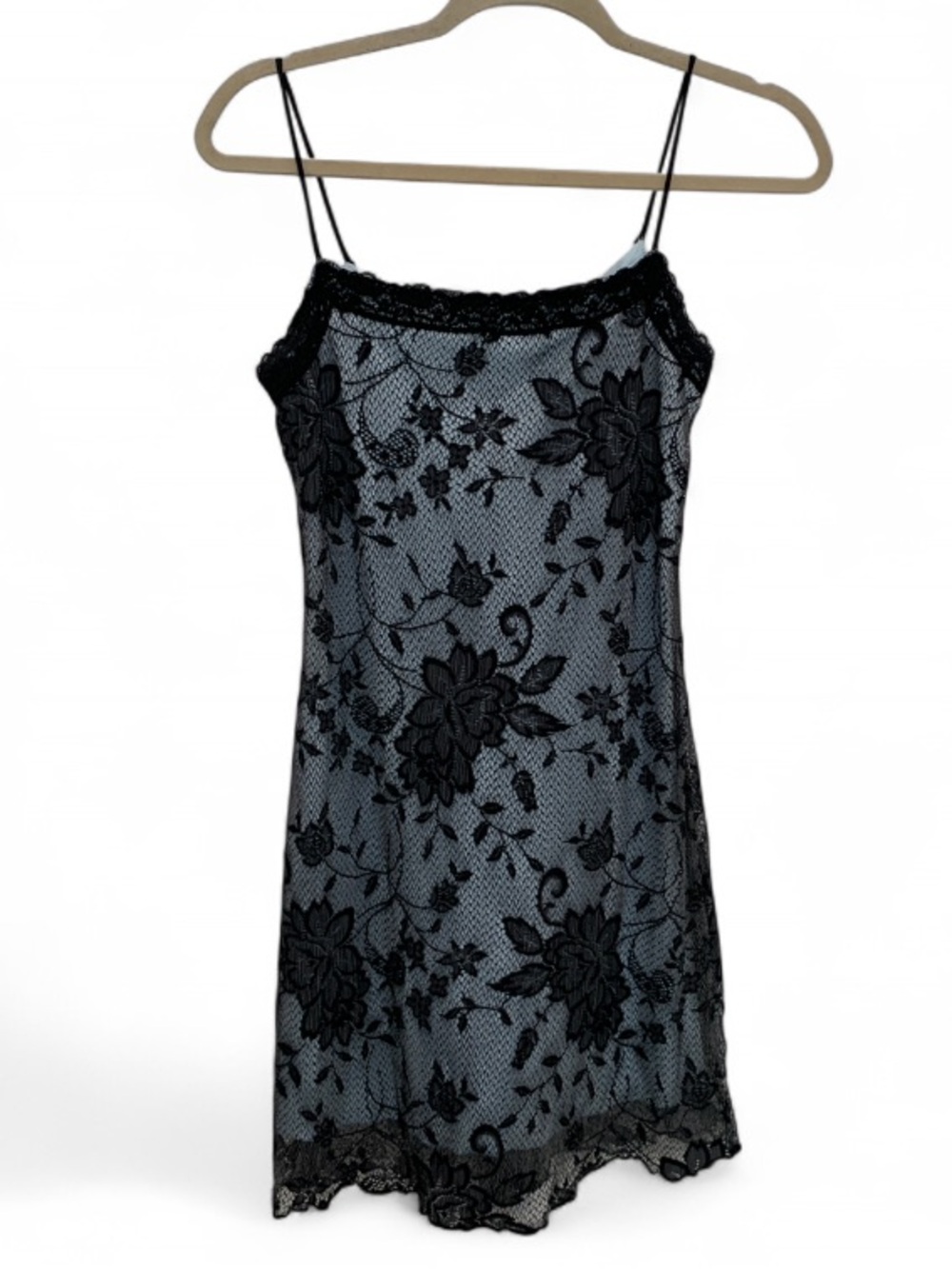 Y2K Illusion Lace Overlay Slip Dress - Black Lace on Light Blue